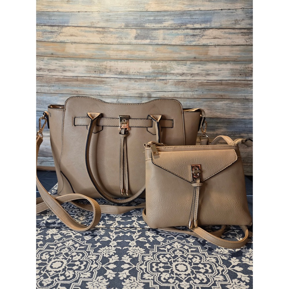 Gramercy & Grand Taupe Faux Leather Tote Handbag Set With Matching Crossbody Bag